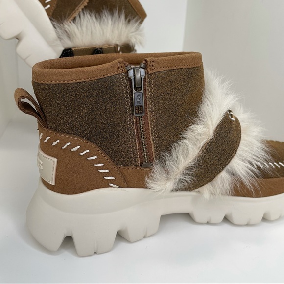 UGG Fluff Punk Faux Fur Ankle Boots Chestnut Sheepskin & Suede Booties Size 7 - Picture 11 of 16